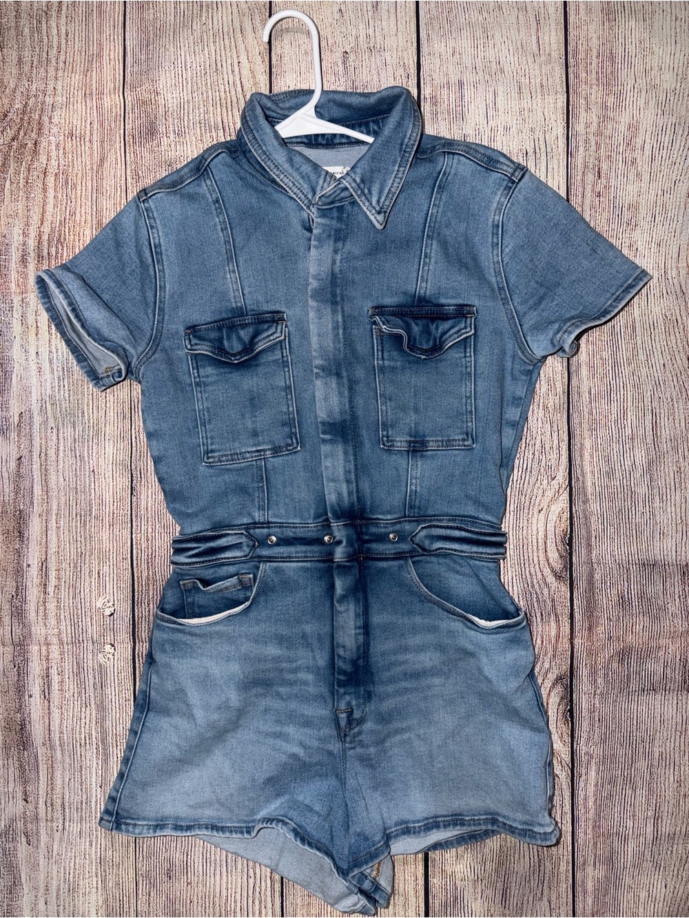 Good American Blue Denim Short Sleeve Romper